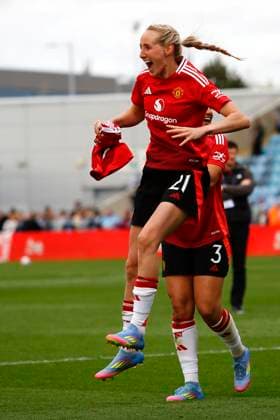 Manchester City v Manchester United, ManU Manchester, UK - 13 April 2025 Millie Turner of Manchester United celebrates after the Adobe Womens FA Cup Semi Final match between Manchester City and Manchester United at The Joie Stadium on 13 April 2025 in Manchester, England (Photo by Steve Taylor PPAUK) Manchester The Joie Stadium Greater Manchester England Copyright: xStevexTaylor PPAUKx PPA-179951