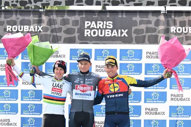 13-04-2025 Paris - Roubaix; 2025, Alpecin - Deceuninck; 2025, Uae Team Emirates - Xrg; 2025, Lidl - Trek; Van Der Poel, Mathieu; Pogacar, Tadej; Pedersen, Mads; Roubaix; 