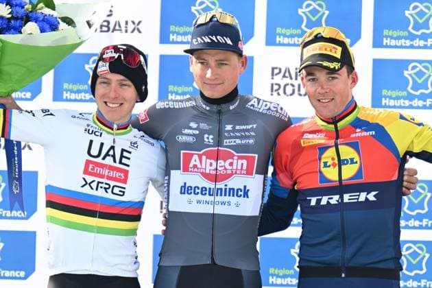 13-04-2025 Paris - Roubaix; 2025, Alpecin - Deceuninck; 2025, Uae Team Emirates - Xrg; 2025, Lidl - Trek; Van Der Poel, Mathieu; Pogacar, Tadej; Pedersen, Mads; Roubaix; 