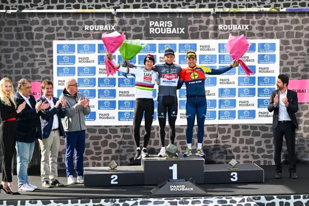 Paris Roubaix 2025 Cycling Race Roubaix, France - April 13 : Pedersen Mads (DEN) of Lidl - Trek, Pogacar Tadej (SLO) of UAE Team Emirates - XRG, Van Der Poel Mathieu (NED) of Alpecin - Deceuninck on the podium during the 122nd edition of Paris Roubaix an UCI World Tour cycling race for Men Elite of 259,7 kms with start in Compiegne and finish at the Velodrome Andre-Petrieux in Roubaix on April 13, 2025 in Roubaix, France, 13 04 2025 ( Motordriver Kenny Verfaillie - Roubaix France  Copyright: xVincentxKalutx
