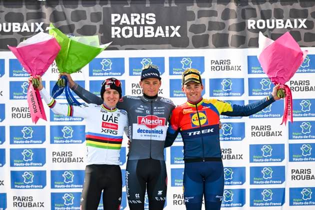 Paris Roubaix 2025 Cycling Race Roubaix, France - April 13 : Pedersen Mads (DEN) of Lidl - Trek, Pogacar Tadej (SLO) of UAE Team Emirates - XRG, Van Der Poel Mathieu (NED) of Alpecin - Deceuninck on the podium during the 122nd edition of Paris Roubaix an UCI World Tour cycling race for Men Elite of 259,7 kms with start in Compiegne and finish at the Velodrome Andre-Petrieux in Roubaix on April 13, 2025 in Roubaix, France, 13 04 2025 ( Motordriver Kenny Verfaillie - Roubaix France  Copyright: xVincentxKalutx