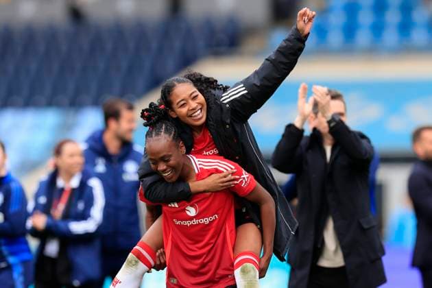 Manchester City Women v Manchester United, ManU Women Women s FA Cup 13 04 2025. Semi-Final Jayde Riviere (14) of Manchester United and Melvine Malard (9) of Manchester United celebrate the 0-2 victory at the end of the Women s FA Cup semi final match between Manchester City Women and Manchester United Women at the Joie Stadium, Manchester, United Kingdom on 13 April 2025. Manchester Joie Stadium Gt Manchester United Kingdom Editorial use only , Copyright: xConorxMolloyx PSI-21848-0049