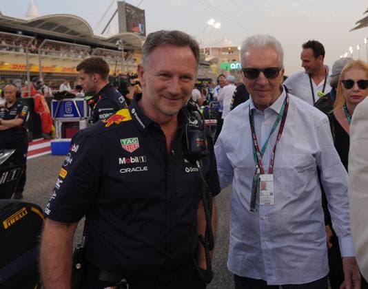 13 04 2025, Bahrain International Circuit, Sakhir, Formula 1 Gulf Air Bahrain Grand Prix 2025 ,in the picture Team Principal Christian Horner Oracle Red Bull Racing with Piero Ferrari Photo by Hasan Bratic DeFodi Images