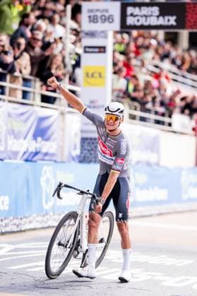 Dutch Mathieu van der Poel of Alpecin-Deceuninck celebrates as he crosses the finish line to win the men elite race of the Paris-Roubaix one day cycling race, 259,2 km from Compiegne to Roubaix, France, on Sunday 13 April 2025. JASPERxJACOBS  x120734220x