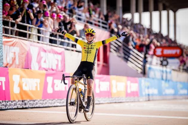 French Pauline Ferrand Prevot of Team Visma-Lease a Bike celebrates as she crosses the finish line at the women s race of the Paris-Roubaix one day cycling race, 148,5 km from Denain to Roubaix, France, on Saturday 12 April 2025. JASPERxJACOBS  x120734266x