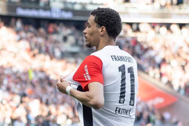 1 Bundesliga Eintracht Frankfurt 1 FC Heidenheim, 13 04 2025 Hugo Ekitike Eintracht Frankfurt 11 scored the goal to make it 3 0 and celebrates, Eintracht Frankfurt 1 FC Heidenheim, Frankfurt, Deutsche Bank Park, 13 4 2025 Copyright: xBEAUTIFULxSPORTS Gawlikx