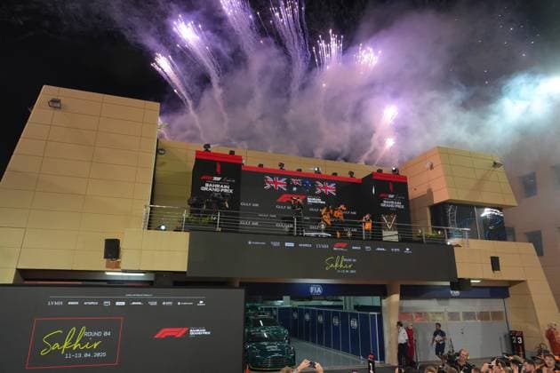 Formula 1 Gulf Air Bahrain Grand Prix 2025 13 04 2025, Bahrain International Circuit, Sakhir, Formula 1 Gulf Air Bahrain Grand Prix 2025 ,in the picture winner Oscar Piastri AUS , McLaren F1 Team, 2nd place for George Russell GBR , Mercedes AMG Petronas Formula One Team, 3rd place for Lando Norris GBR , Team Principal Andrea Stella McLaren Formula 1 Team nordphotoxGmbHx xBratic nph00250