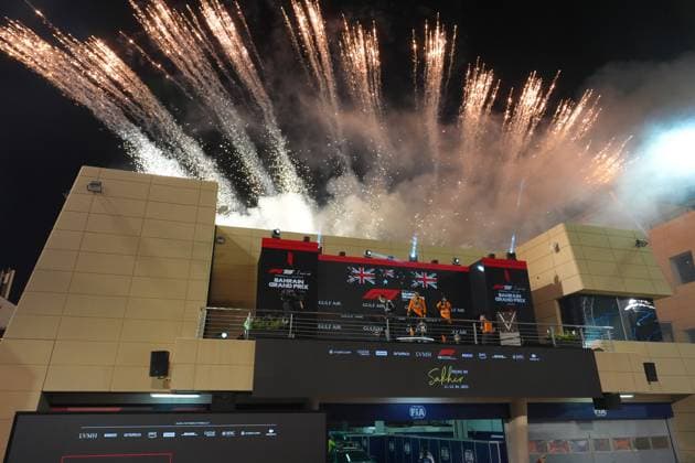 Formula 1 Gulf Air Bahrain Grand Prix 2025 13 04 2025, Bahrain International Circuit, Sakhir, Formula 1 Gulf Air Bahrain Grand Prix 2025 ,in the picture winner Oscar Piastri AUS , McLaren F1 Team, 2nd place for George Russell GBR , Mercedes AMG Petronas Formula One Team, 3rd place for Lando Norris GBR , Team Principal Andrea Stella McLaren Formula 1 Team nordphotoxGmbHx xBratic nph00250