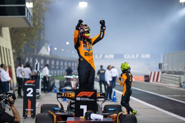 Oscar Piastri McLaren Formula 1 Team, Australia, 81 celebrates victory at Parc Ferme, BAH, Formula 1 World Championship, Gulf Air Grand Prix of Bahrain, Bahrain International Circuit, Race, 2025 season, 13 04 2025 BAH, Formula 1 World Championship, Gulf Air Grand Prix of Bahrain, Bahrain International Circuit, Race, 2025 season, 13 04 2025 Sakhir Copyright: xEibner-Pressefoto Memmlerx EP_MMR