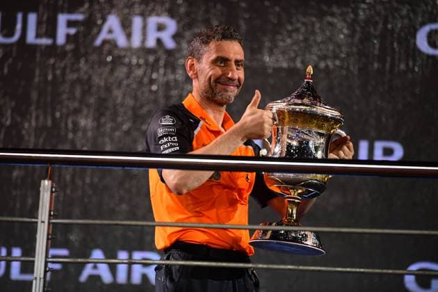 F1 Grand Prix of Bahrain Team principal Andrea Stella of the McLaren F1 Team celebrates on the podium during the race of the Bahrain GP, the 4th round of the Formula 1 World Championship, WM, Weltmeisterschaft at the Bahrain International Circuit in Sakhir, Bahrain, on April 13, 2025. Sakhir Bahrain  Copyright: xAndreaxDiodatox originalFilename:diodato-f1bahrai250413_npxo0.jpg