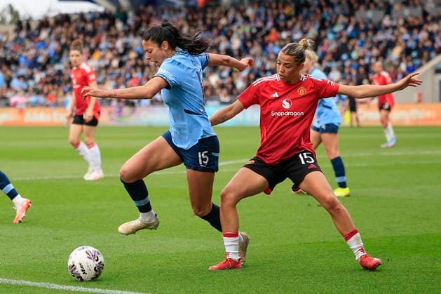 Manchester City Women v Manchester United, ManU Women Women s FA Cup 13 04 2025. Semi-Final Leila Ouahabi (15) of Manchester City is challenged by Celin Bizet Ildhusoy (15) of Manchester United during the Women s FA Cup semi final match between Manchester City Women and Manchester United Women at the Joie Stadium, Manchester, United Kingdom on 13 April 2025. Manchester Joie Stadium Gt Manchester United Kingdom Editorial use only , Copyright: xConorxMolloyx PSI-21848-0084