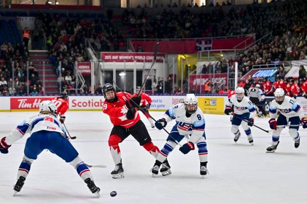 L-R Caroline Harvey (USA), Brianne Jenner (CAN) and Haley Winn (USA) in action the Ice hockey, Eishockey IIHF WomenÂ s World Championship, WM, Weltmeisterschaft Group A, match Canada vs USA, Ceske Budejovice, Czech Republic, April 13, 2025. (CTKxPhoto VaclavxPancer) CTKPhotoP2025041305607  CTKPhotoP2025041305607