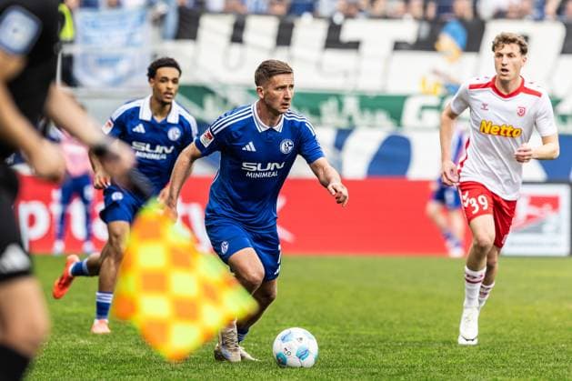 Soccer Men 2 Bundesliga 29 Matchday Season 2024 2025 SSV Jahn Regensburg FC Schalke 04 13 04 2025 7 Paul Seguin FC Schalke 04 DFL regulations prohibit any use of photographs as image sequences and or quasi video Regensburg Jahnstadion Bayern Germany
