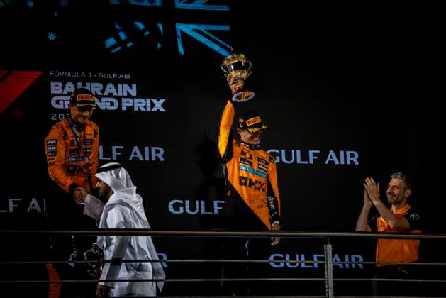 Formula 1 Gulf Air Bahrain Grand Prix 2025 Alexis Perrin OVERTAKE MAXPPP - Sakhir 13 04 2025 04 NORRIS Lando (gbr), McLaren F1 Team, portrait podium during the Formula 1 Gulf Air Bahrain Grand Prix 2025, the 4th round of the 2025 FIA Formula 1 World Championship, WM, Weltmeisterschaft on the Bahrain International Circuit from April 10 to 13, 2025, in Sakhir, Bahrain Sakhir Bahrain  Copyright: xOVERTAKE MAXPPPxAlexisxPerrinx OVT202504132978 OVT202504132978