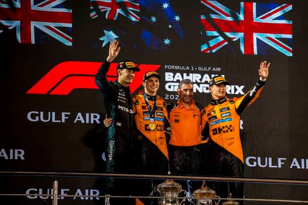 Formula 1 Gulf Air Bahrain Grand Prix 2025 Alexis Perrin OVERTAKE MAXPPP - Sakhir 13 04 2025 81 PIASTRI Oscar (aus), McLaren F1 Team, portrait, 04 NORRIS Lando (gbr), McLaren F1 Team, portrait, 63 RUSSELL George (gbr), Mercedes AMG Petronas, portrait podium during the Formula 1 Gulf Air Bahrain Grand Prix 2025, the 4th round of the 2025 FIA Formula 1 World Championship, WM, Weltmeisterschaft on the Bahrain International Circuit from April 10 to 13, 2025, in Sakhir, Bahrain during the Formula 1 Gulf Air Bahrain Grand Prix 2025, the 4th round of the 2025 FIA Formula 1 World Championship, on the Bahrain International Circuit from April 10 to 13, 2025, in Sakhir, Bahrain Sakhir Bahrain Copyright: xOVERTAKE MAXPPPxAlexisxPerrinx OVT202504132980 OVT202504132980