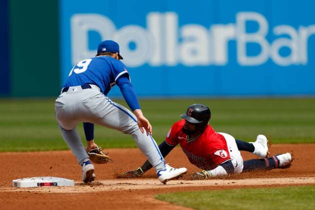 MLB, Baseball Herren, USA 2025: Royals Vs Guardians APR 13 April 13, 2025: Kansas City Royals second base Michael Massey (19) tags out Cleveland Guardians first base Carlos Santana (41) as he slides towards second base during the MLB baseball game between the Kansas City Royals and Cleveland Guardians at Progressive Field in Cleveland, Ohio. Brian Fisher CSM (Credit Image: Â Brian Fisher Cal Media) Cleveland Ohio United States of America EDITORIAL USE ONLY Copyright: xx ZUMA-20250413_zma_c04_028.jpg BrianxFisherx csmphotothree375587