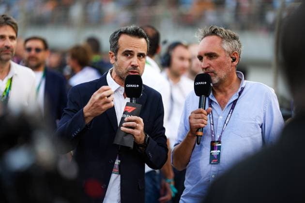 F1 - BAHRAIN GRAND PRIX 2025 DUPIN Laurent and MONTAGNY Franck (fra), TV presenter of Canal+, portrait during the Formula 1 Gulf Bahrain Grand Prix 2025, 4th round of the 2025 FIA Formula One World Championship, WM, Weltmeisterschaft from April 11 to 13, 2025 on the Bahrain International Circuit, in Sakhir, Bahrain - SakhirBahrain  Copyright: xFLORENTxGOODENx