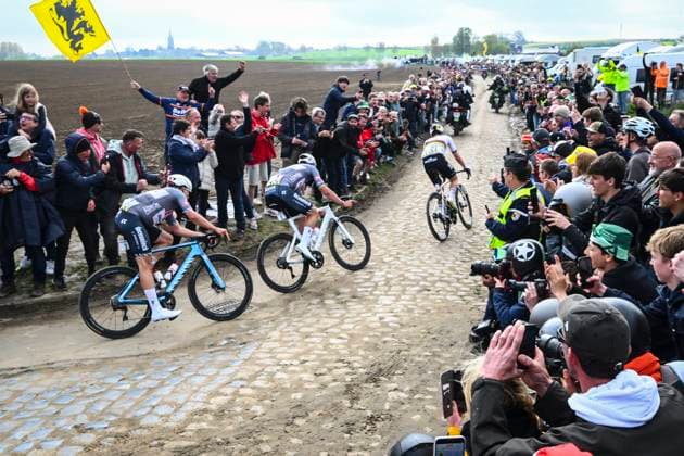 Paris Roubaix 2025 Cycling Race Roubaix, France - April 13 : Philipsen Jasper (BEL) of Alpecin - Deceuninck, Van Der Poel Mathieu (NED) of Alpecin - Deceuninck, Pogacar Tadej (SLO) of UAE Team Emirates - XRG during the 122nd edition of Paris Roubaix an UCI World Tour cycling race for Men Elite of 259,7 kms with start in Compiegne and finish at the Velodrome Andre-Petrieux in Roubaix on April 13, 2025 in Roubaix, France, 13 04 2025 ( Motordriver Kenny Verfaillie - Roubaix France  Copyright: xVincentxKalutx