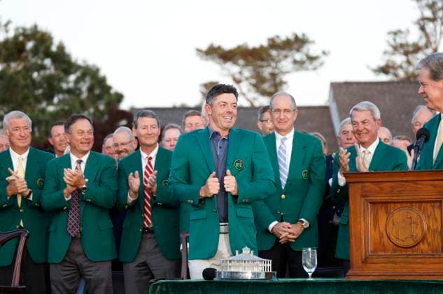 Rory McIlroy of Northern Ireland wears the traditional green jacket after winning the 2025 Masters golf tournament at Augusta National Golf Club in Augusta, Georgia, on Sunday, April 13, 2025. McIlroy defeated Justin Rose of England in a playoff and becomes the 6th person to complete the career grand slam.  AUG20250413680 JOHNxANGELILLO