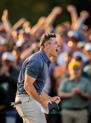 250413 Rory McIlroy of Northern Ireland celebrates on the 18th green after his final putt in the playoff to win the final round of the 2025 Masters Golf Tournament on April 13, 2025 in Augusta Photo Petter Arvidson BILDBYRAN kod PA PA1010 bbeng golf masters the masters augusta us masters jubel  Copyright: PETTERxARVIDSON BB250413PA166