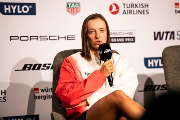 Iga Swiatek POL at the interview GER, Porsche Tennis Grand Prix GP Stuttgart 2025, WTA500, 14 04 2025 GER, Porsche Tennis Grand Prix GP Stuttgart 2025, WTA500, 14 04 2025 Stuttgart Copyright: xEibner-Pressefoto RogerxBuerkex EP