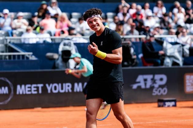 BMW Open Munich ATP 500 14 04 2025 Ben Shelton USA cheers in his match against Borna Gojo Croatia BMW Open by Bitpanda Munich ATP 500 Day 3, Munich, MTTC Iphitos on 14 04 2025 Copyright: xBEAUTIFULxSPORTS Wunderlx