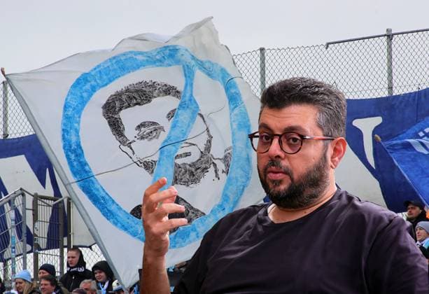 ATTENTION PHOTO MONTAGE Here in the picture Hasan Ismaik, who would allegedly be willing to sell his shares in TSV 1860 Munich if a buyer can be found in the background with the crossed-out head of Hasan Ismaik, Ultras who hate him, no appreciation, ingratitude