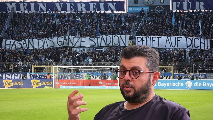 ATTENTION PHOTO MONTAGE Here in the picture Hasan Ismaik, who would allegedly be willing to sell his shares in TSV 1860 Munich if a buyer could be found in the background a banner in the Westkurve of the Ultras, who hate the investor and have always wanted to get rid of him, ingratitude, no appreciation