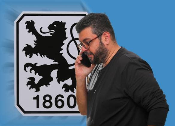 ATTENTION PHOTO MONTAGE Here in the picture Hasan Ismaik with phone, on the phone with cell phone, who would allegedly be willing to sell his shares in TSV 1860 Munich if a buyer can be found in the background the logo of the club slightly blurred