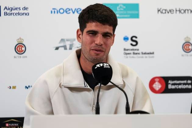 April 14, 2025, Barcelona, Barcelona, Spain: Carlos Alcaraz of Spain attends his press conference, PK, Pressekonferenz during the of the Barcelona Open Banc Sabadell - Conde Godo 2025 Day 1 at Real Club De Tenis Barcelona on April 14, 2025 in Barcelona, Spain. Barcelona Spain - ZUMAa181 20250414_zaa_a181_069 Copyright: xJavierxBorregox