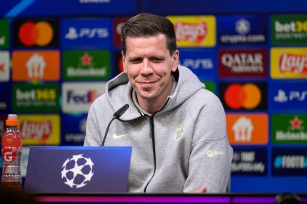 Soccer, Champions League international press conference, 20250414, BV Borussia Dortmund FC Barcelona In the picture Goalkeeper Wojciech SZCZESNY Barcelona, 25 smiles contentedly Dortmund Signal Iduna Park North Rhine-Westphalia Germany Copyright: Passion2Press MarkusxFischerx