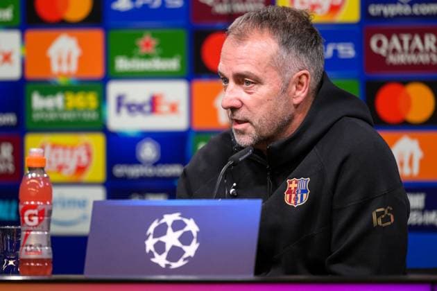 Soccer, Champions League international press conference, 20250414, BV Borussia Dortmund FC Barcelona In the picture Coach Barcelona Hansi FLICK speaks Dortmund Signal Iduna Park North Rhine-Westphalia Germany Copyright: Passion2Press MarkusxFischerx