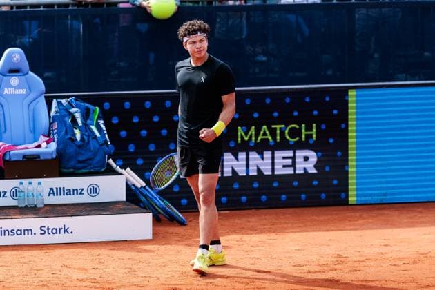 BMW Open Munich ATP 500 14 04 2025 Ben Shelton USA celebrates after winning his match against Borna Gojo Croatia BMW Open by Bitpanda Munich ATP 500 Day 3, Munich, MTTC Iphitos on 14 04 2025 Copyright: xBEAUTIFULxSPORTS Wunderlx
