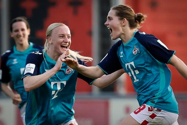 Womens Soccer Bundesliga Bayer 04 Leverkusen 1 FC Köln, 14 04 2025 Taylor Ziemer 1 FC Köln, 18 celebrates her goal for 0 1, with her Anna Gerhardt 1 FC Köln, 21 Bayer 04 Leverkusen 1 FC Köln cheers on matchday 19 of the Google Pixel Womens Bundesliga on 14 04 2025 at the Ulrich Haberland Stadium in Leverkusen North Rhine-Westphalia DFL REGULATIONS PROHIBIT ANY USE OF PHOTOGRAPHS AS IMAGE SEQUENCES AND OR QUASI VIDEO Copyright: xBEAUTIFULxSPORTS AxelxKohringx
