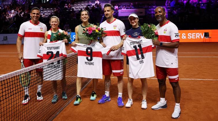 Stuttgart , Porsche Tennis Grand Prix , Doubles Mixed Showevent, f l Fernando Meira, Laura Siegemund, Andrea Petkovic, Zdravko Kuzmanovic, Eva Lys and Cacau