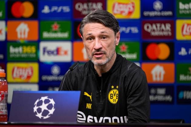 Soccer, Champions League international press conference, 20250414, BV Borussia Dortmund FC Barcelona In the picture Coach Dortmund Niko KOVAC speaks gestures Mimig confident convincing Dortmund Signal Iduna Park North Rhine-Westphalia Germany Copyright: Passion2Press MarkusxFischerx