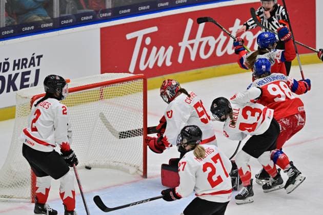 Adela Sapovalivova (CZE; up right) celebrates her goal (1:1) against goalkeeper Kristen Campbell (CAN) during the IIHF Women s World Championship, WM, Weltmeisterschaft Group A, match Czechia vs Canada, in Ceske Budejovice, Czech Republic, on April 14, 2025. (CTKxPhoto VaclavxPancer) CTKPhotoP2025041406781  CTKPhotoP2025041406781