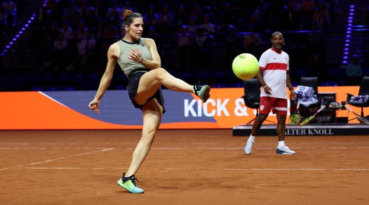 Stuttgart , Porsche Tennis Grand Prix , Doubles Mixed Showevent, f l Andrea Petkovic and Cacau play soccer tennis