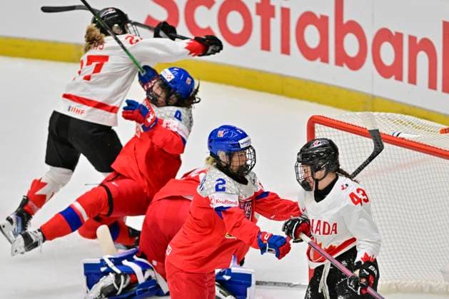 L-R Emma Maltais (CAN), Daniela Pejsova (CZE), Aneta Tejralova (CZE) and Kristin O Neill (CAN) in action during the IIHF Women s World Championship, WM, Weltmeisterschaft Group A, match Czechia vs Canada, in Ceske Budejovice, Czech Republic, on April 14, 2025. (CTKxPhoto VaclavxPancer) CTKPhotoP2025041407177  CTKPhotoP2025041407177