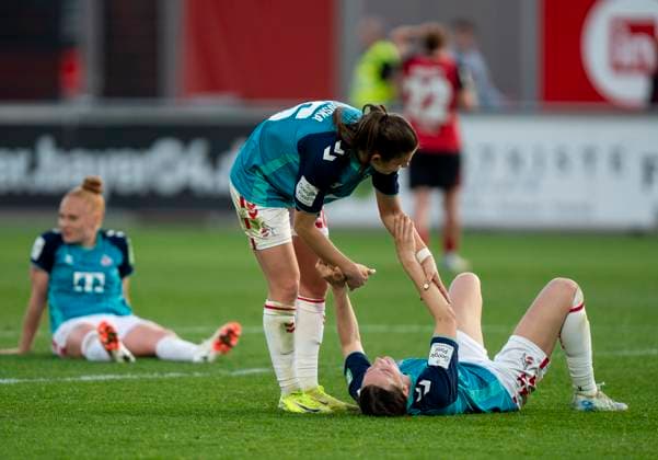 After the final whistle, the players lie on the ground 14 04 2025, Bayer Leverkusen 1 FC Köln, Football, Google Pixel Frauen Bundesliga, GER, Leverkusen, Ulrich Haberland Stadion, Saison 24 25, 19 Spieltag DFL regulations prohibit any use of photographs as image sequences and or quasi video Copyright: HMBxMedia xMarcoxBader
