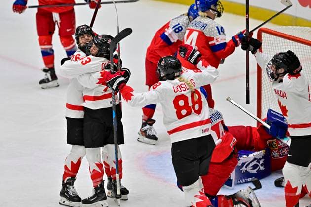 L-R Emily Clark and Kristin O Neill (both CAN) celebrate 4th Canadian goal (1:4) during the IIHF Women s World Championship, WM, Weltmeisterschaft Group A, match Czechia vs Canada, in Ceske Budejovice, Czech Republic, on April 14, 2025. (CTKxPhoto VaclavxPancer) CTKPhotoP2025041407571  CTKPhotoP2025041407571