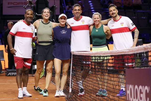 14 04 25 Porsche Tennis Grand Prix Germany, Stuttgart, 14 04 2025, Tennis, Porsche Tennis Grand Prix 2025 Stuttgart f l Cacau, Andrea Petkovic, Eva Lys, Fernando Meira, Laura Siegemund, Zdravko Kuzmanovic