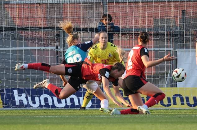 from l Janina Hechler Cologne , Melissa Friedrich Leverkusen , Aurora Mikalsen Cologne and Selina Ostermeier Leverkusen , Leverkusen, Germany 14 04 2025, Womens Bundesliga, Matchday 19, Bayer 04 Leverkusen 1 FC Köln