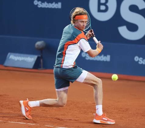 April 14, 2025, Sabadell, Barcelona, Spain: Barcelona Spain 14.04.2025 Andrey Rublev (Russia) control the ball in the match between Andrey Rublev (Russia) and Jesper De Jong (Netherlands) during the Day 3 of the Barcelona Open Banc Sabadell Godo on 14 April 2025 in Barcelona. Sabadell Spain - ZUMAu50_ 20250414_zsp_u50_004 Copyright: xXavixUrgelesx