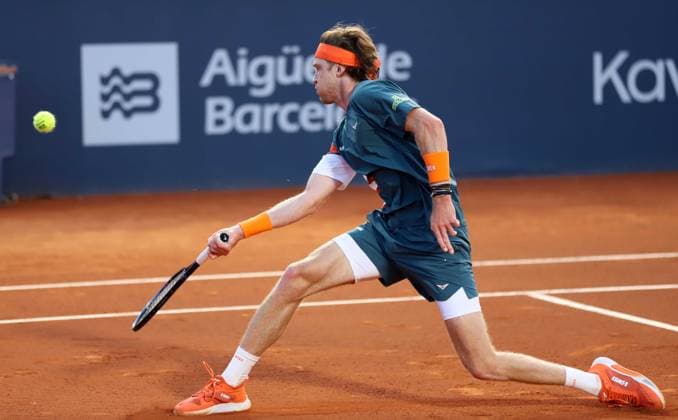 April 14, 2025, Sabadell, Barcelona, Spain: Barcelona Spain 14.04.2025 Andrey Rublev (Russia) control the ball in the match between Andrey Rublev (Russia) and Jesper De Jong (Netherlands) during the Day 3 of the Barcelona Open Banc Sabadell Godo on 14 April 2025 in Barcelona. Sabadell Spain - ZUMAu50_ 20250414_zsp_u50_009 Copyright: xXavixUrgelesx