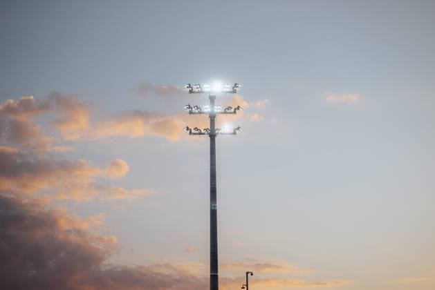 14 04 25, Women, Soccer, 1 BL, Season 2024 2025, Bayer 04 Leverkusen 1 FC Köln, Matchday 19 Floodlight mast at sunset Symbolic image Leverkusen Ulrich Haberland Stadium NRW Germany