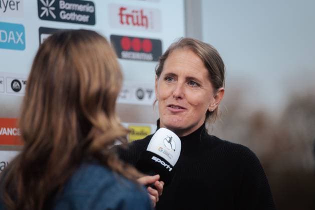 14 04 25, Women, Soccer, 1 BL, Season 2024 2025, Bayer 04 Leverkusen 1 FC Köln, Matchday 19 Britta Carlson Coach of 1 FC Köln in an interview with Sport1 Leverkusen Ulrich Haberland Stadion NRW Germany