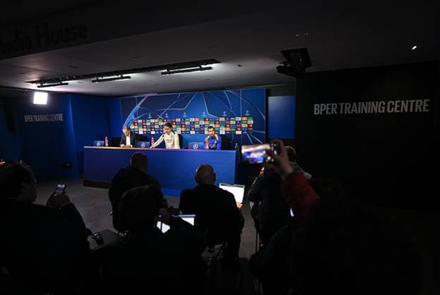 FOOTBALL CHAMPIONS LEAGUE SEASON 2024 2025 Quarter-final second leg Inter Milan FC Bayern Muenchen 15 04 2025 Press conference Inter Milan with press spokesman Luigi Crippa, coach Simone Inzaghi and Henrikh Mkhitaryan from left to right