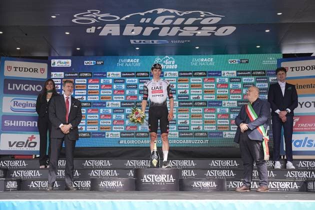 Covi Alessandro Of Uae Team Emirates Xrg winner of the stage 1 on the podium during the Giro d™Abruzzo, stage 1 from Scerni to Crecchio (151 km) - Abruzzo, Italy - Tuesday, April 15, 2025. - cycling .  Copyright: xMarcoxAlpozzi LaPressex