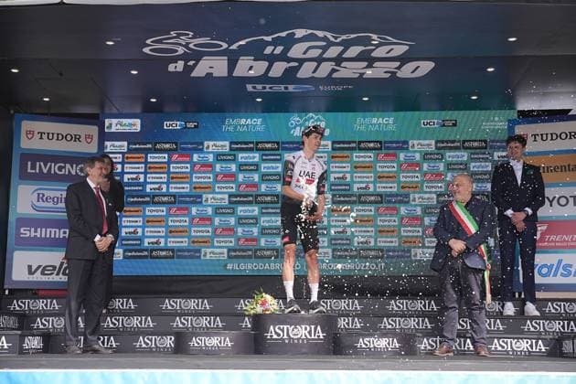 Covi Alessandro Of Uae Team Emirates Xrg winner of the stage 1 on the podium during the Giro d™Abruzzo, stage 1 from Scerni to Crecchio (151 km) - Abruzzo, Italy - Tuesday, April 15, 2025. - cycling .  Copyright: xMarcoxAlpozzi LaPressex